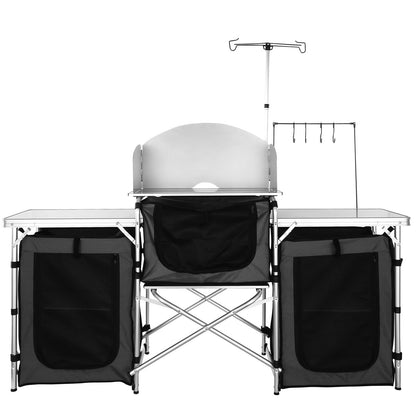 Camping Kitchen Table, Folding Outdoor Cooking Table with Storage Carrying Bag, Aluminum Cook Station 3 Cupboard & Detachable Windscreen, Quick Set-up for Picnics, BBQ, RV Traveling, Black