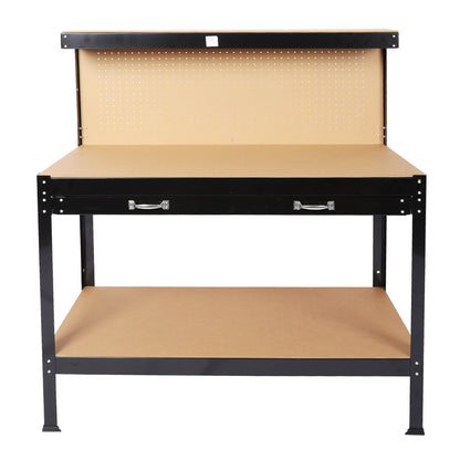 Durable Wood Work Bench 115cm with Smart Tool Storage in Black Carbon Steel