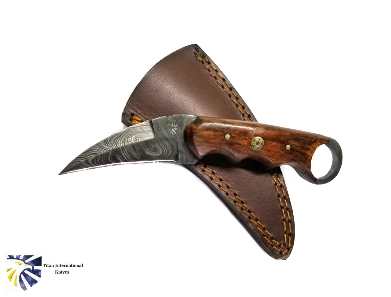 Damascus Flash Ring Skinner With Rose Wood Scales - Curved Fixed Blade Knife TD-199