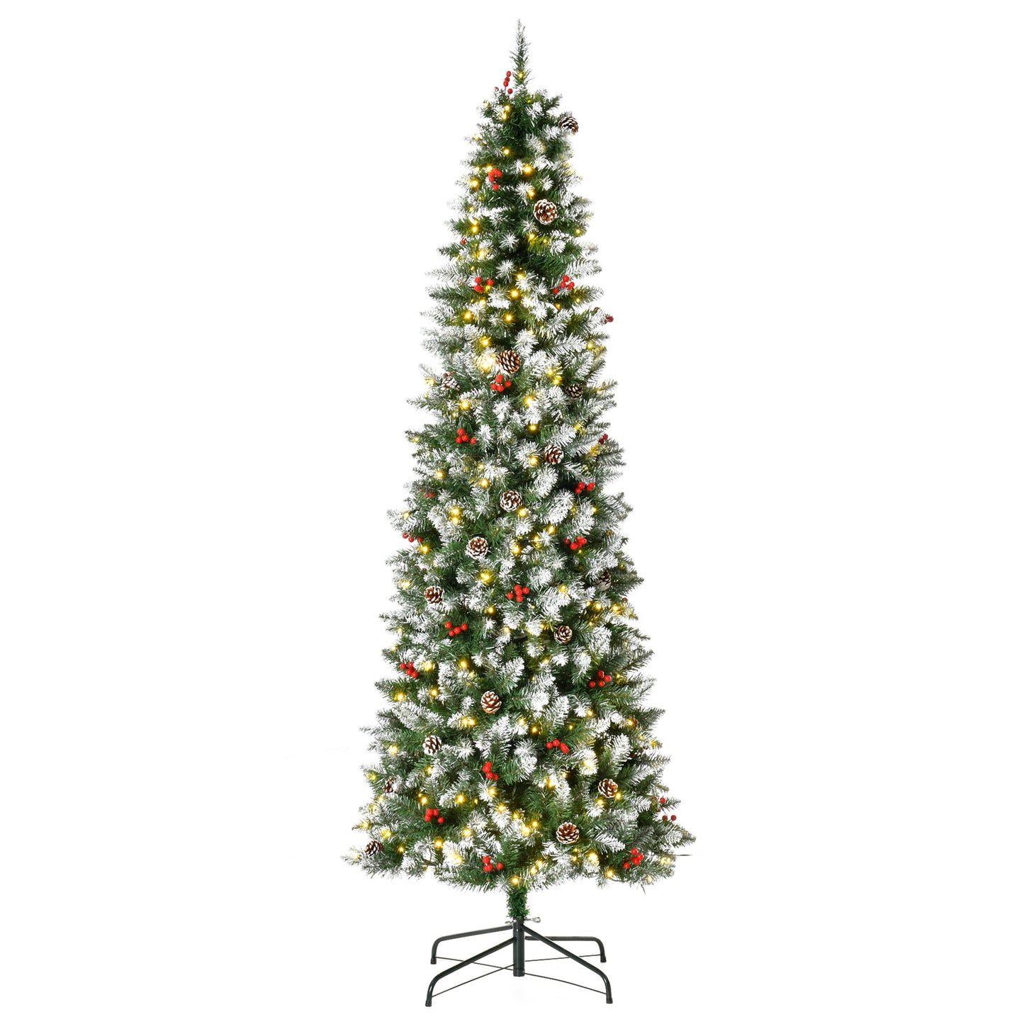 HOMCOM 7.5ft Pre-Lit Snow-Dipped Artificial Christmas Tree with Realistic Branches, 350 LED Lights, Pine Cones, Red Berries and 1075 Tips