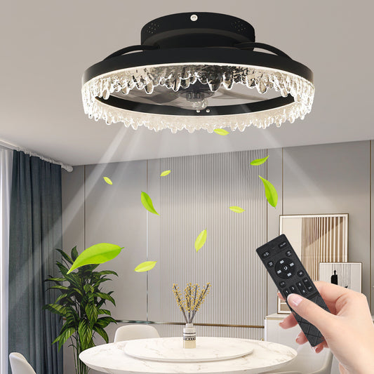 Smart Silent Elegant Black Ceiling Fan with Light – 16-inch Flush Mount LED Chandelier with 5 Invisible Blades, Remote Control & Timer, Dimmable Lighting for Bedroom, Living Room, Dining Room