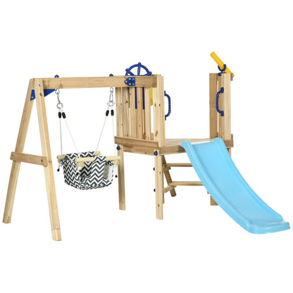 Outsunny 3 in 1 Wooden Swing Set Outdoor Playset with Baby Swing Seat, Toddler Slide, Captain's Wheel, Telescope, Kids Backyard Playground Equipment, Ages 1.5-4
