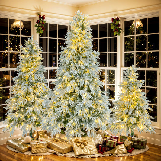 Pre-Lit Spruce Snow Flocked Christmas Tree Set-4FT, 6FT, 7.5FT, Artificial Hinged Xmas Tree with 800 Warm-Yellow & Colorful LED Lights, 8 Flashing Modes, Holiday Office Home Décor