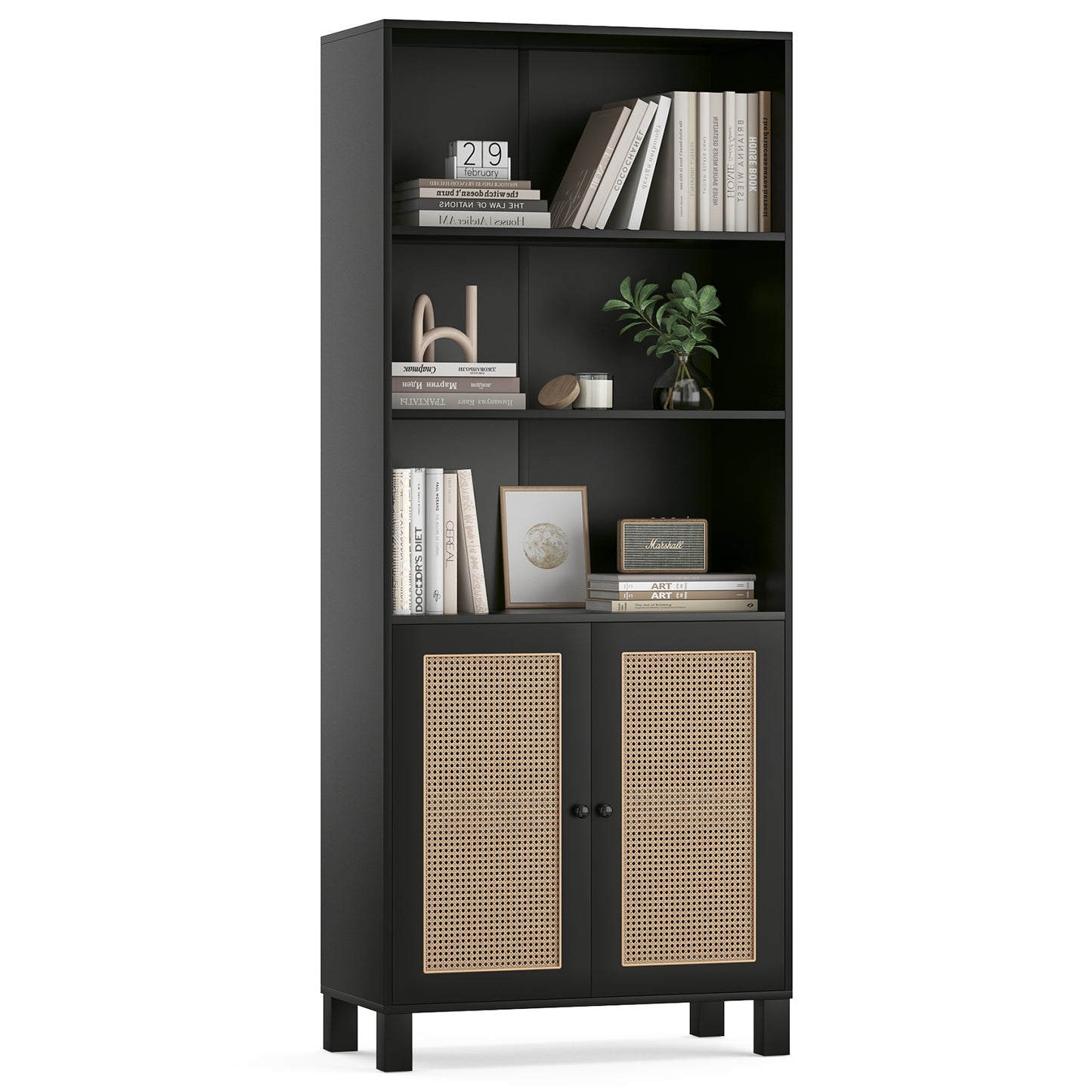 Tall Bookcase with Rattan Doors,5 Tier Storage Wood Shelves Large Bookshelf for Library Living Room Bedroom Home Office,Black