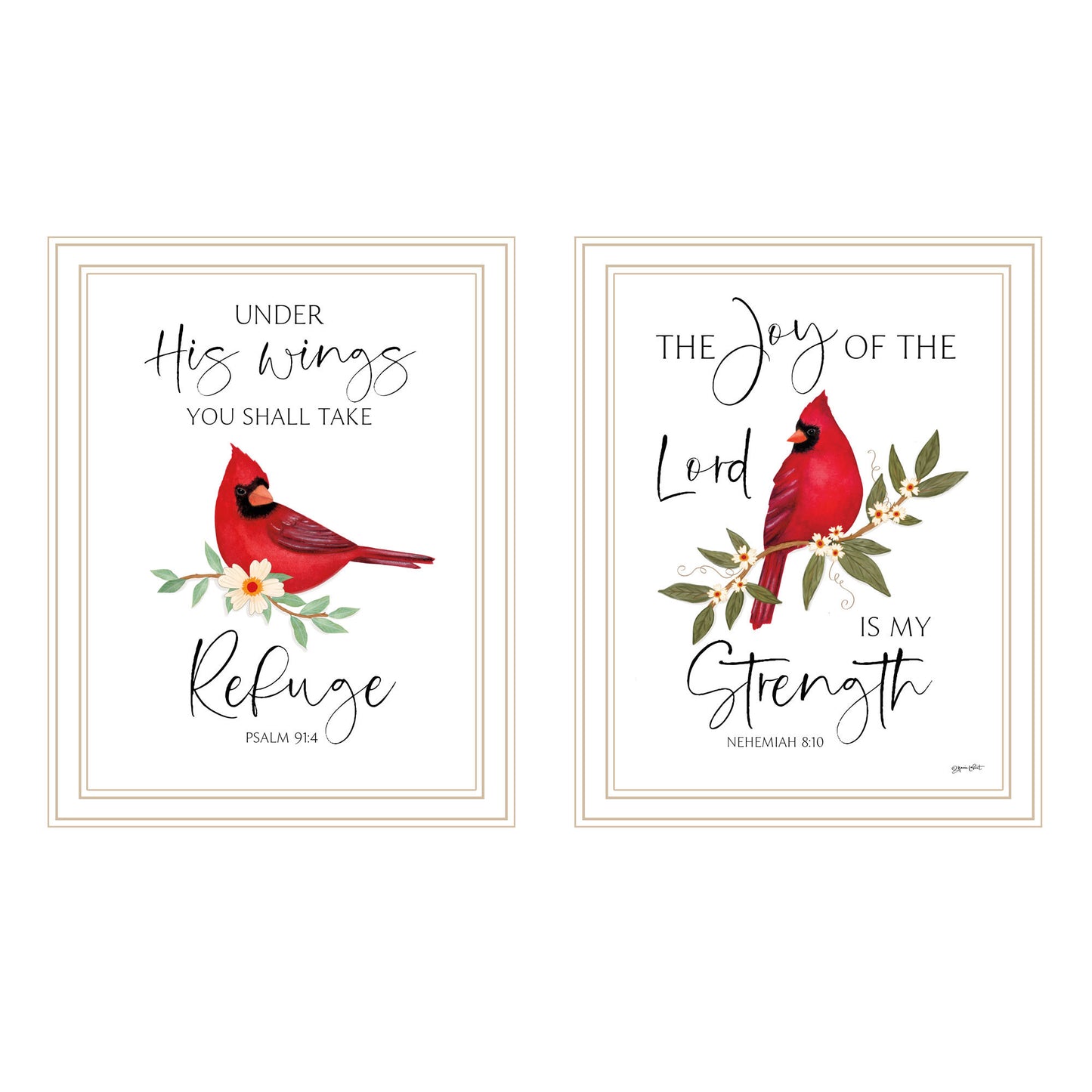 Trendy Decor 4U 2- Piece Vignette The Lord is MY Strength - Red Cardinals White Framed Wall Art for Living Room, Bedroom Wall Art Print for Home Decor by Annie Lapoint