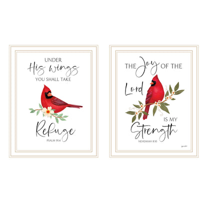 Trendy Decor 4U 2- Piece Vignette The Lord is MY Strength - Red Cardinals White Framed Wall Art for Living Room, Bedroom Wall Art Print for Home Decor by Annie Lapoint