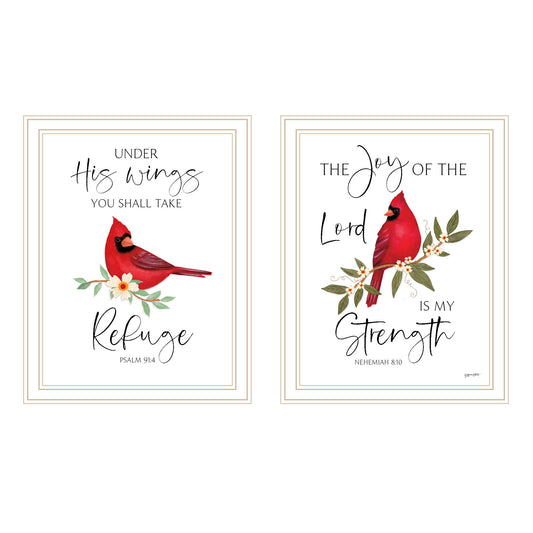 Trendy Decor 4U 2- Piece Vignette The Lord is MY Strength - Red Cardinals White Framed Wall Art for Living Room, Bedroom Wall Art Print for Home Decor by Annie Lapoint