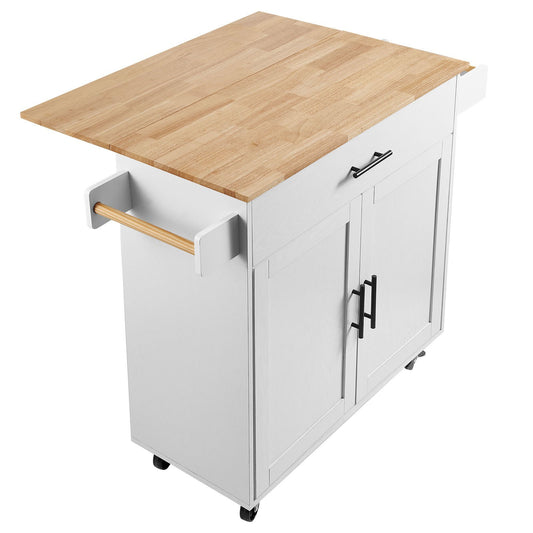Kitchen Island Cart with Solid Wood Top, 35.4' Width Mobile Carts with Storage Cabinet, Rolling Kitchen Table with Spice Rack, Towel Rack, Drop Leaf and Drawer, Portable Islands on Wheels, White