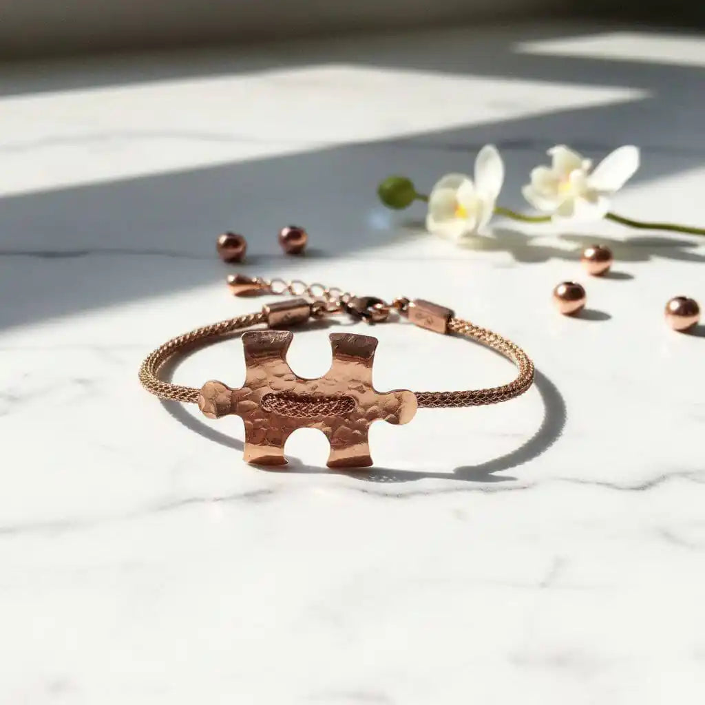 Copper Puzzle Piece Button Viking Knit Autism Awareness Bracelet