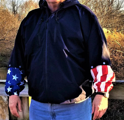 Brella Navy Blue Rain Jacket W/ Stars + Stripes Snap-on Sleeves Unisex
