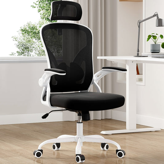 Ergonomic Office Chair, Home Office Desk Chair with Headrest, High Back Computer Chair with Armrests and Adjustable Lumbar Support for Home Office Study Room, White & Black