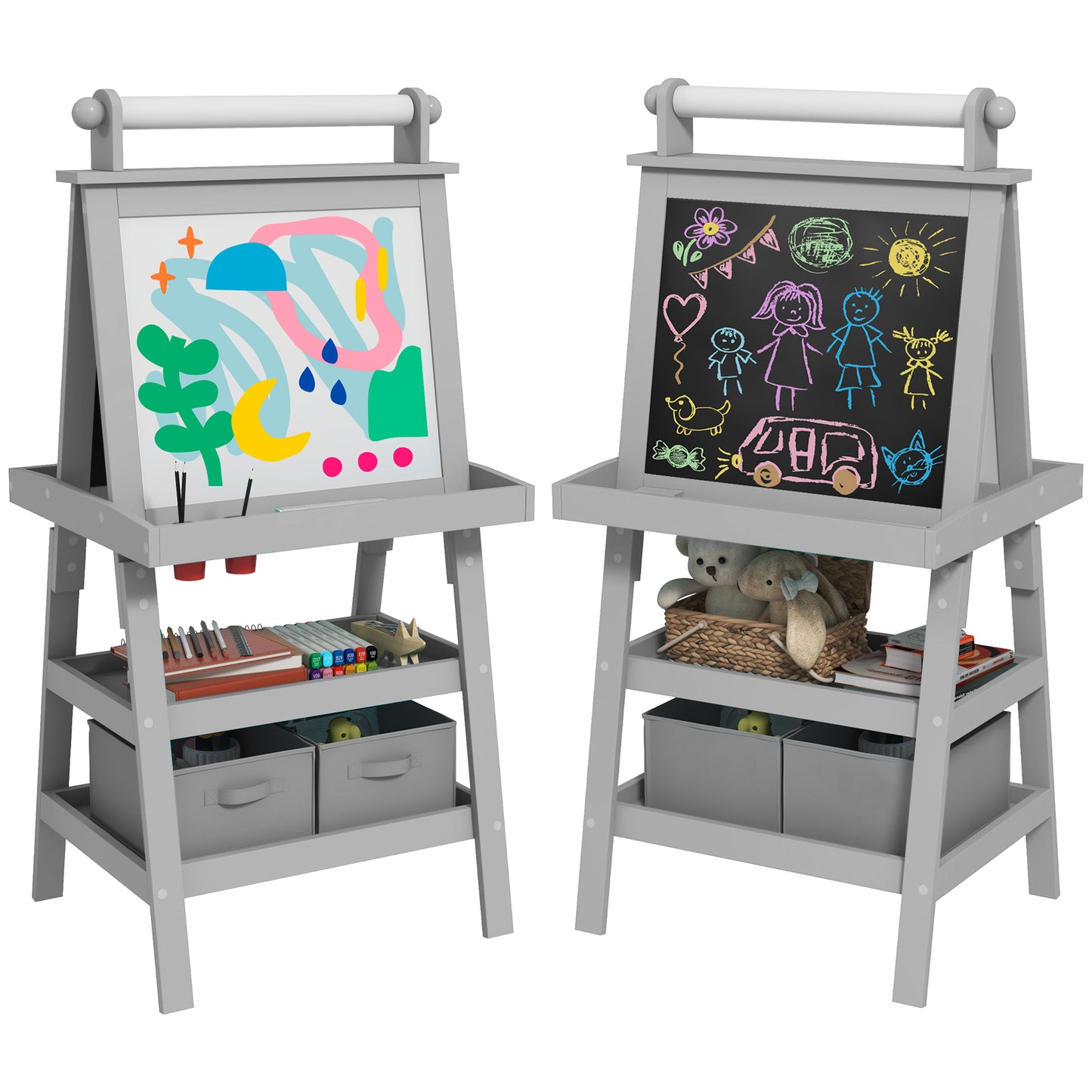 Qaba Easel for Kids, Double Sided Kids Art Easel with Paper Roll, Magnetic Whiteboard, Chalkboard & Storage, Standing Toddler Easel for Painting & Drawing, Gift for Boys, Girls Ages 3-6 Years, Gray