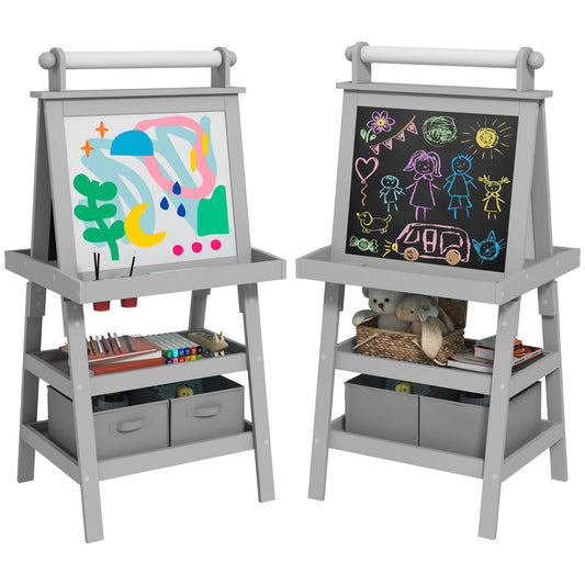Qaba Easel for Kids, Double Sided Kids Art Easel with Paper Roll, Magnetic Whiteboard, Chalkboard & Storage, Standing Toddler Easel for Painting & Drawing, Gift for Boys, Girls Ages 3-6 Years, Gray