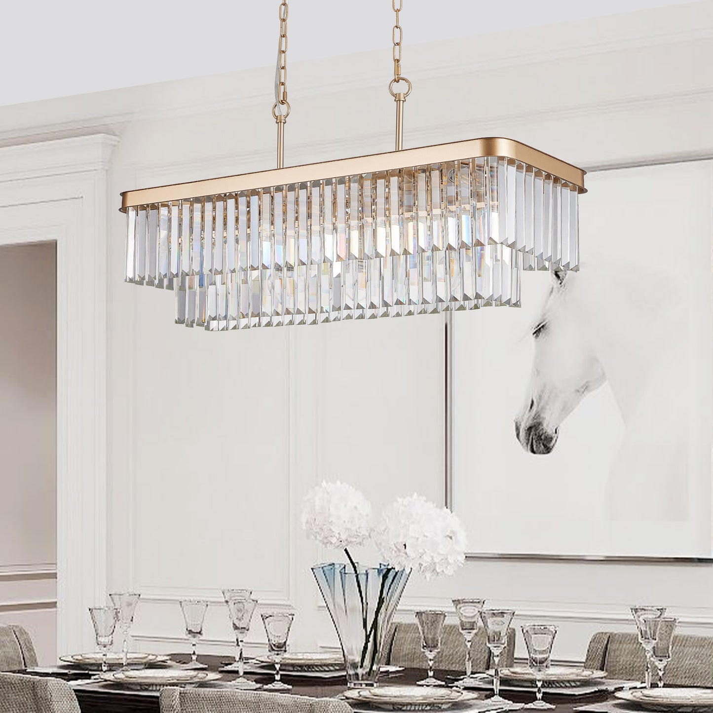 Chandeliers,Rectangular Crystal Chandelier Adjustable,E12 Modern Industrial Crystal Lights,Farmhouse Iron Ceiling Hanging Light for Kitchen Living Room Bedroom/Gold(Bulb Not Included)