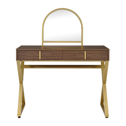 2 Drawers Vanity Desk with Mirror and Jewelry Tray, Walnut and Gold