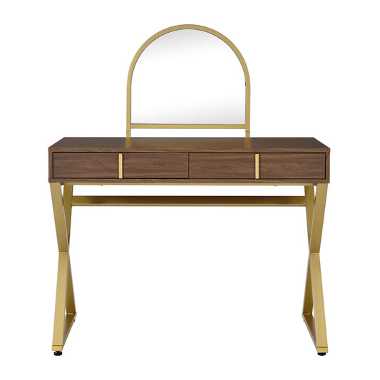 2 Drawers Vanity Desk with Mirror and Jewelry Tray, Walnut and Gold