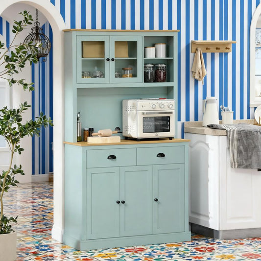 Light Blue Pantry Storage Cabinet Freestanding  Kitchen Buffet with Hutch with Drawers, Glass Doors, and Adjustable Shelves