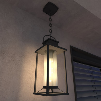 Outdoor Pendant Lights for Porch, Black Exterior Chandelier for Gazebo, Modern Outside Hanging Lanterns Outdoor Ceiling Light Fixture with Ribbed Glass for House Patio, Anti-Rust Waterproof (1 pack)