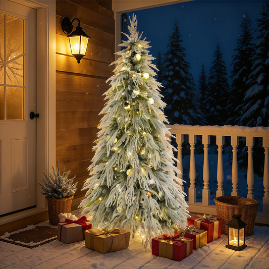 6FT Pre-Lit Spruce Snow Flocked Christmas Tree, Artificial Hinged Xmas Tree with LED Lights, Holiday Office Home Décor