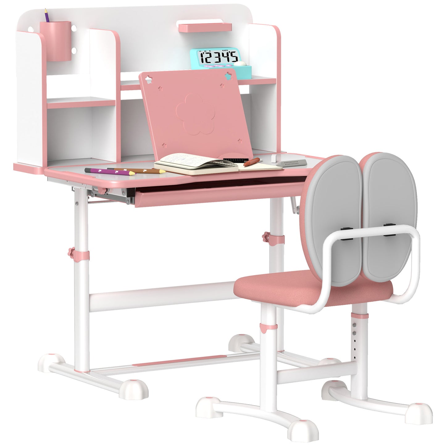 Qaba Kids Desk and Chair Set, Height Adjustable Kids School Study Desk and Chair Set with Tilt Desktop, Storage Drawer and Reading Rack for Writing, Reading and Drawing, Pink