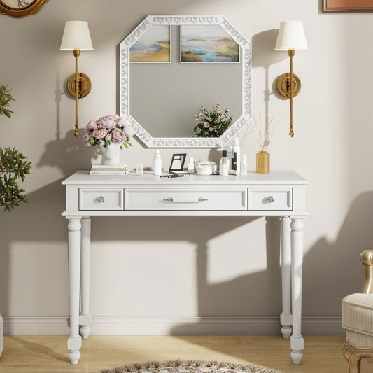 Retro Makeup Desk with Large Mirror, 3-Drawer Dressing Table for Jewelry Storage, Elegant Console Table for Bedroom, Living Room, Hallway & Foyer,White