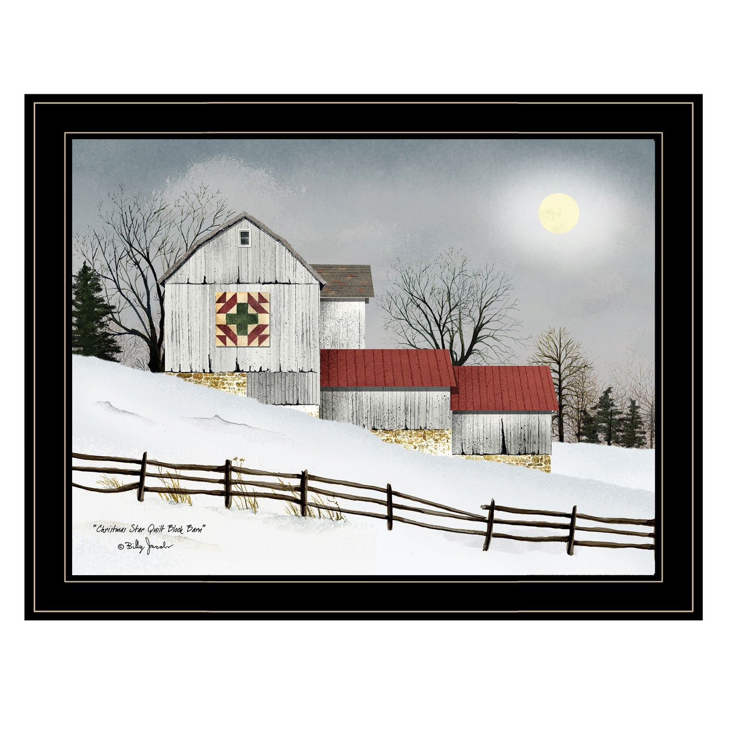 Trendy Decor 4U 'Christmas Star Quilt Block Barn' Framed Wall Art, Modern Home Decor Framed Print for Living Room, Bedroom & Farmhouse Wall Decoration by Billy Jacobs