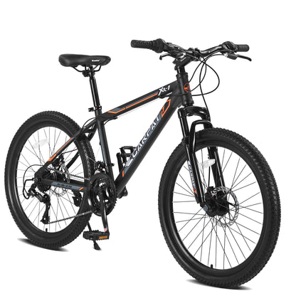 24 Inch Mountain Bike Boys Girls, Steel Frame, Shimano 21 Speed Mountain Bicycle with Daul Disc Brakes and Front Suspension MTB