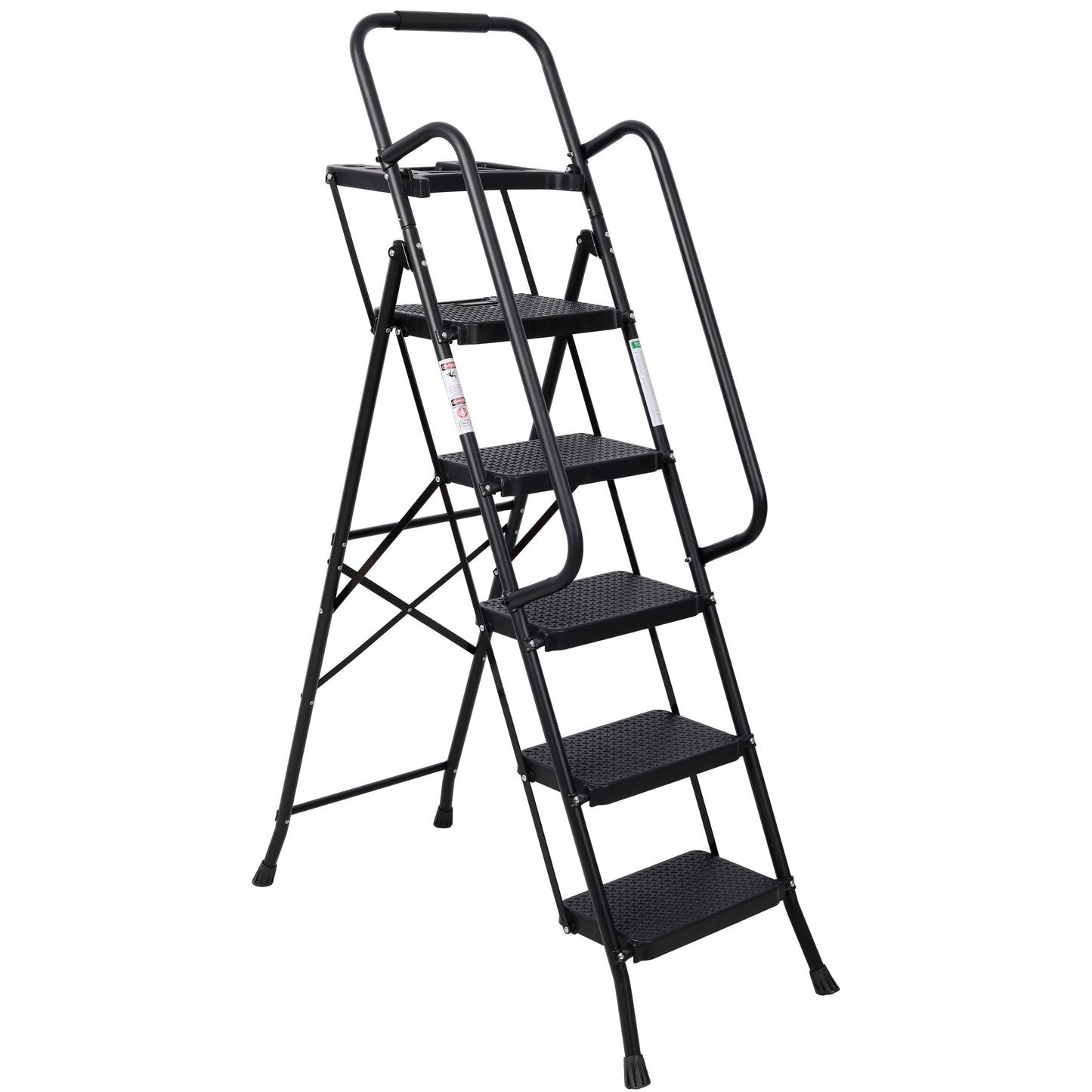 5 Step Ladder, Folding Step Stool with Wide Anti-Slip Pedal, Sturdy Steel Ladder 330 LBS Load Capacity, Convenient Handrail, Lightweight, Portable Steel Step Stool