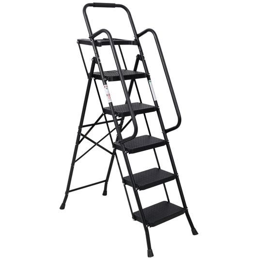 5 Step Ladder, Folding Step Stool with Wide Anti-Slip Pedal, Sturdy Steel Ladder 330 LBS Load Capacity, Convenient Handrail, Lightweight, Portable Steel Step Stool