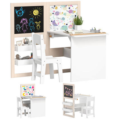 Qaba Kids Table and Chair Set, 3 in 1 Kids Art Table and Chair Set with Storage Shelves, Foldable Blackboard, Whiteboard & Roll Paper, Toddler Table and Chair Set for 3-8 Years, White