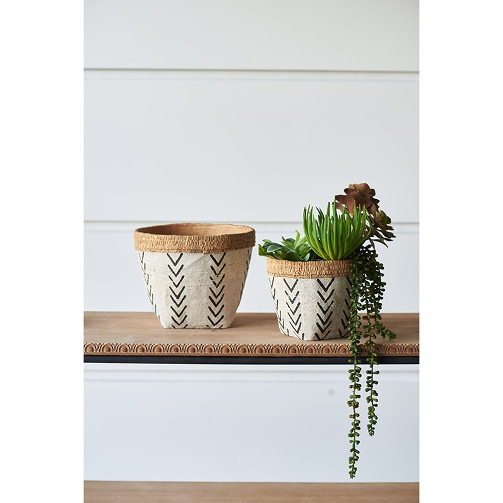 Set of 2 White and Brown Cement Planters with V Pattern, L:D10x8'  S:D8x6.5'