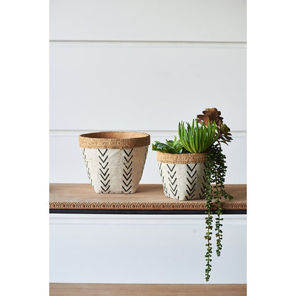 Set of 2 White and Brown Cement Planters with V Pattern, L:D10x8'  S:D8x6.5'