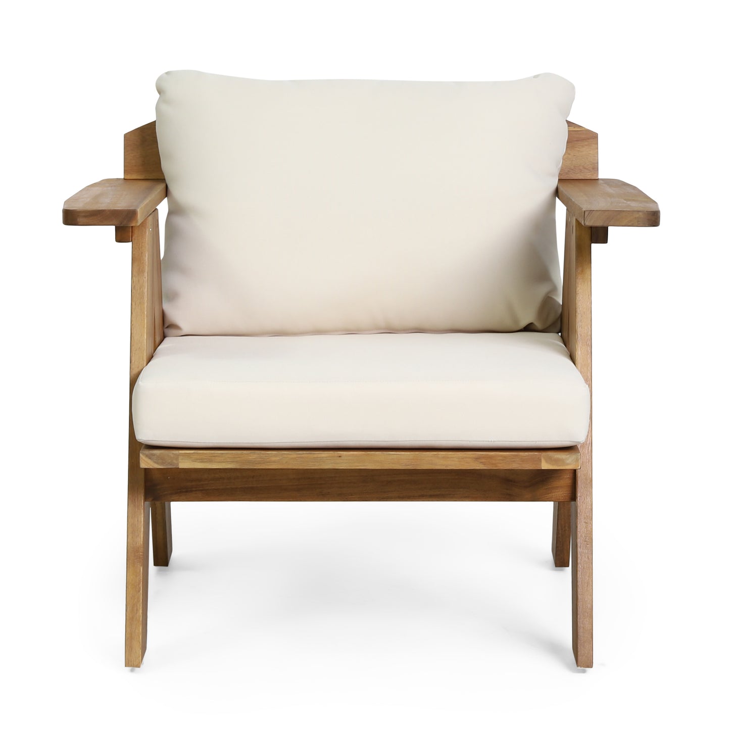 Outdoor Acacia Wood Club Chairs with Cushions (Set of 2), Teak Finish+ Beige, 30.75' W x 30.25' D x 26.00' H