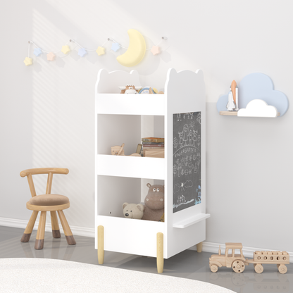 Kids Bookshelf with Chalkboard Side – Bear-Shaped Wooden Bookcase with 3-Tier Storage, Drawing Board for Toddlers, Toy and Book Organizer for Playroom or Bedroom – White