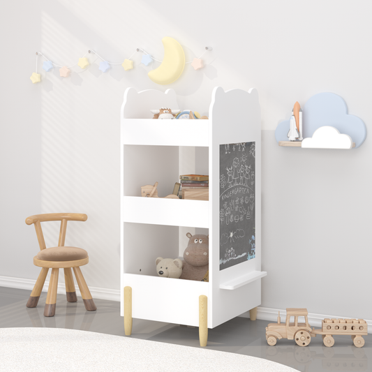 Kids Bookshelf with Chalkboard Side – Bear-Shaped Wooden Bookcase with 3-Tier Storage, Drawing Board for Toddlers, Toy and Book Organizer for Playroom or Bedroom – White
