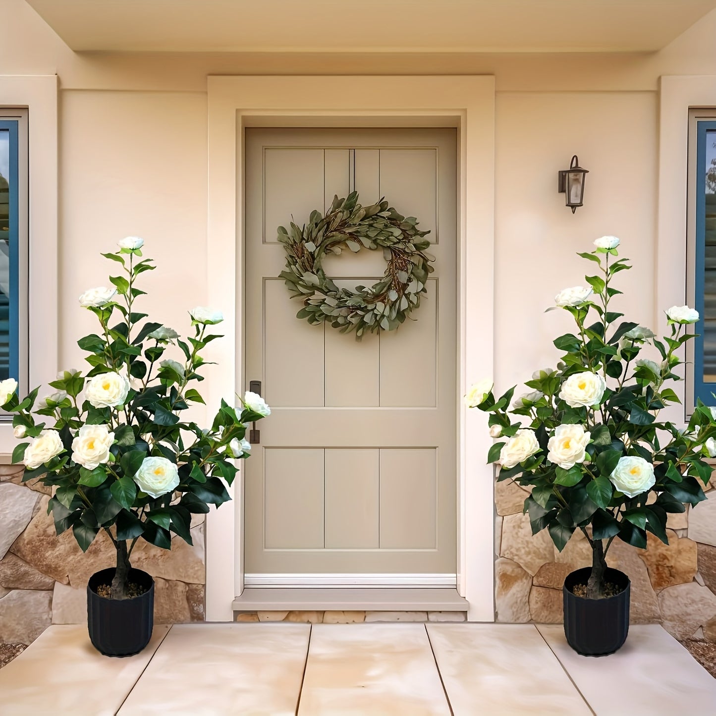 2pcs 3ft Artificial Camellia Trees with Pot & Pebbles - 24 Realistic White Blooms & 188 Lush Green Leaves - Indoor/Outdoor Faux Potted Plant for Home, Office, Garden - All-Season Decor, Best for Chr