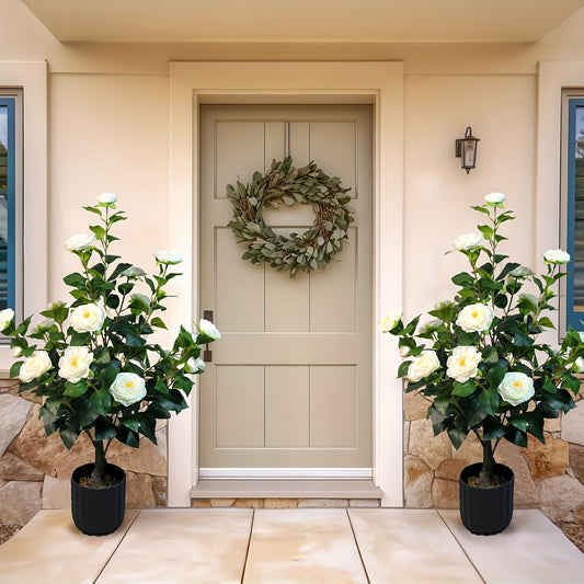 2pcs 3ft Artificial Camellia Trees with Pot & Pebbles - 24 Realistic White Blooms & 188 Lush Green Leaves - Indoor/Outdoor Faux Potted Plant for Home, Office, Garden - All-Season Decor, Best for Chr