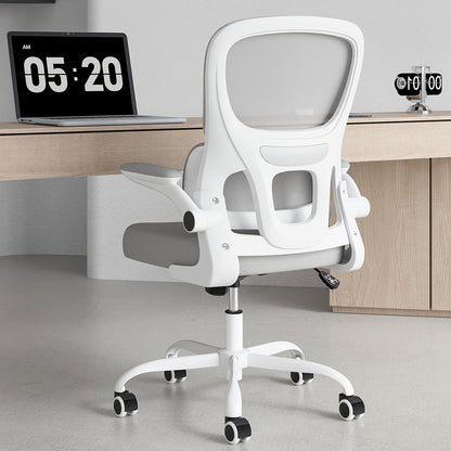 Office Chair, Mesh Ergonomic Office Chair with Lumbar Support, Comfy Computer Desk Chair with Flip Armrest Rolling Wheels for Home Study Room Office, White & Gray