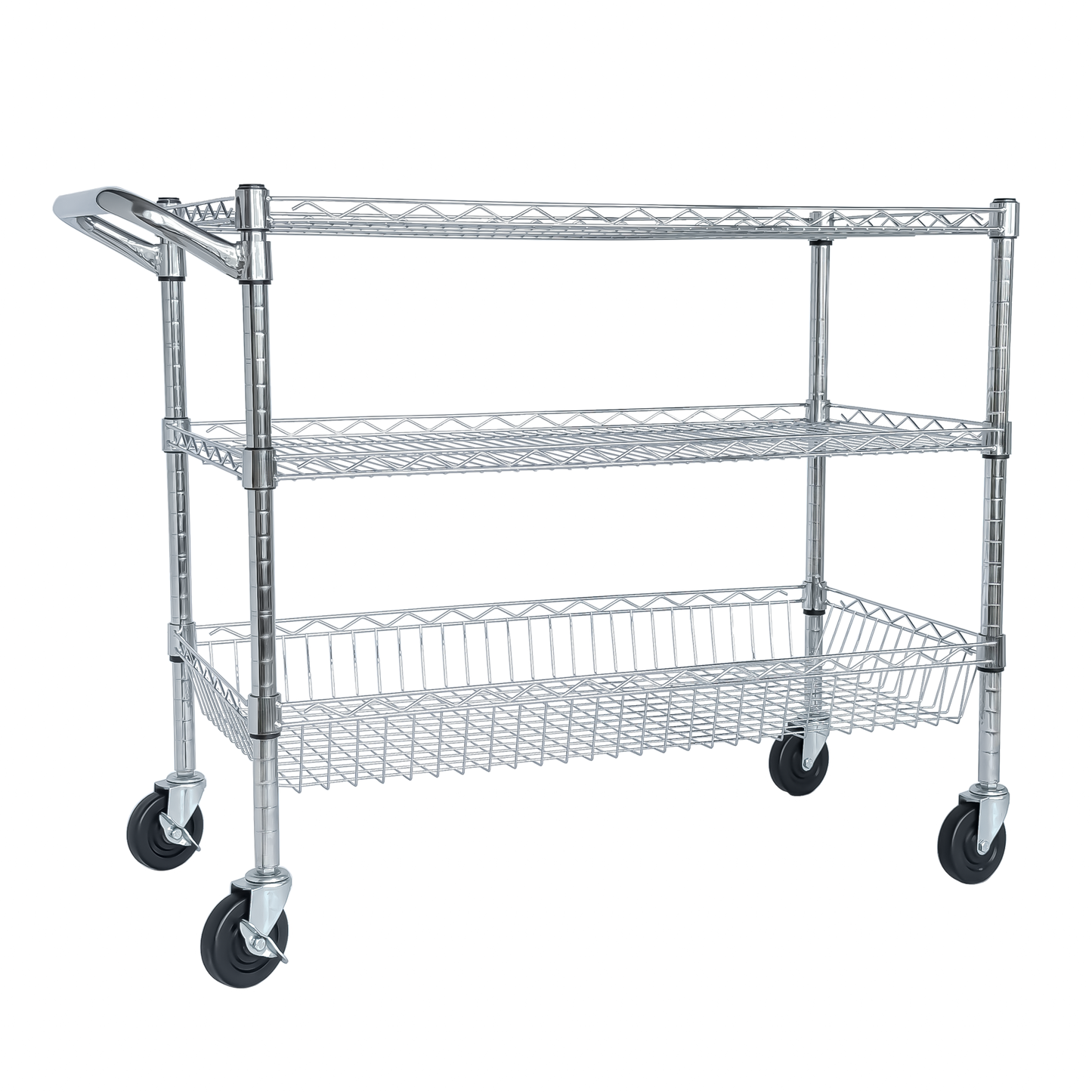 Heavy Duty Rolling Utility Cart,3 Tier Rolling Carts with Wheels,with Handle Bar & Shelf Liners,36'x18'x32'Storage Cart for Kitchen,Restaurant,Plant Display,Chrome