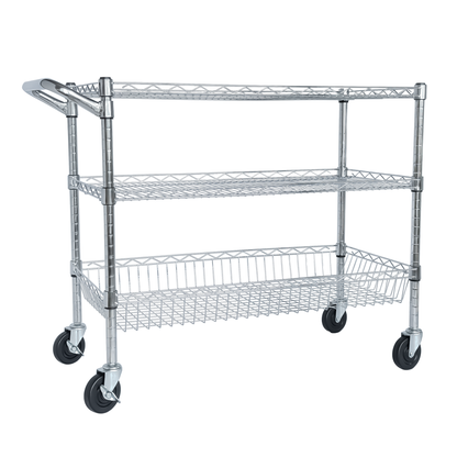 Heavy Duty Rolling Utility Cart,3 Tier Rolling Carts with Wheels,with Handle Bar & Shelf Liners,36'x18'x32'Storage Cart for Kitchen,Restaurant,Plant Display,Chrome