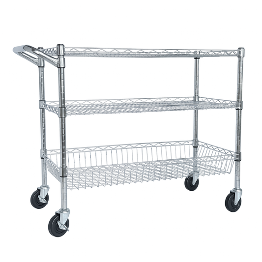 Heavy Duty Rolling Utility Cart,3 Tier Rolling Carts with Wheels,with Handle Bar & Shelf Liners,36'x18'x32'Storage Cart for Kitchen,Restaurant,Plant Display,Chrome