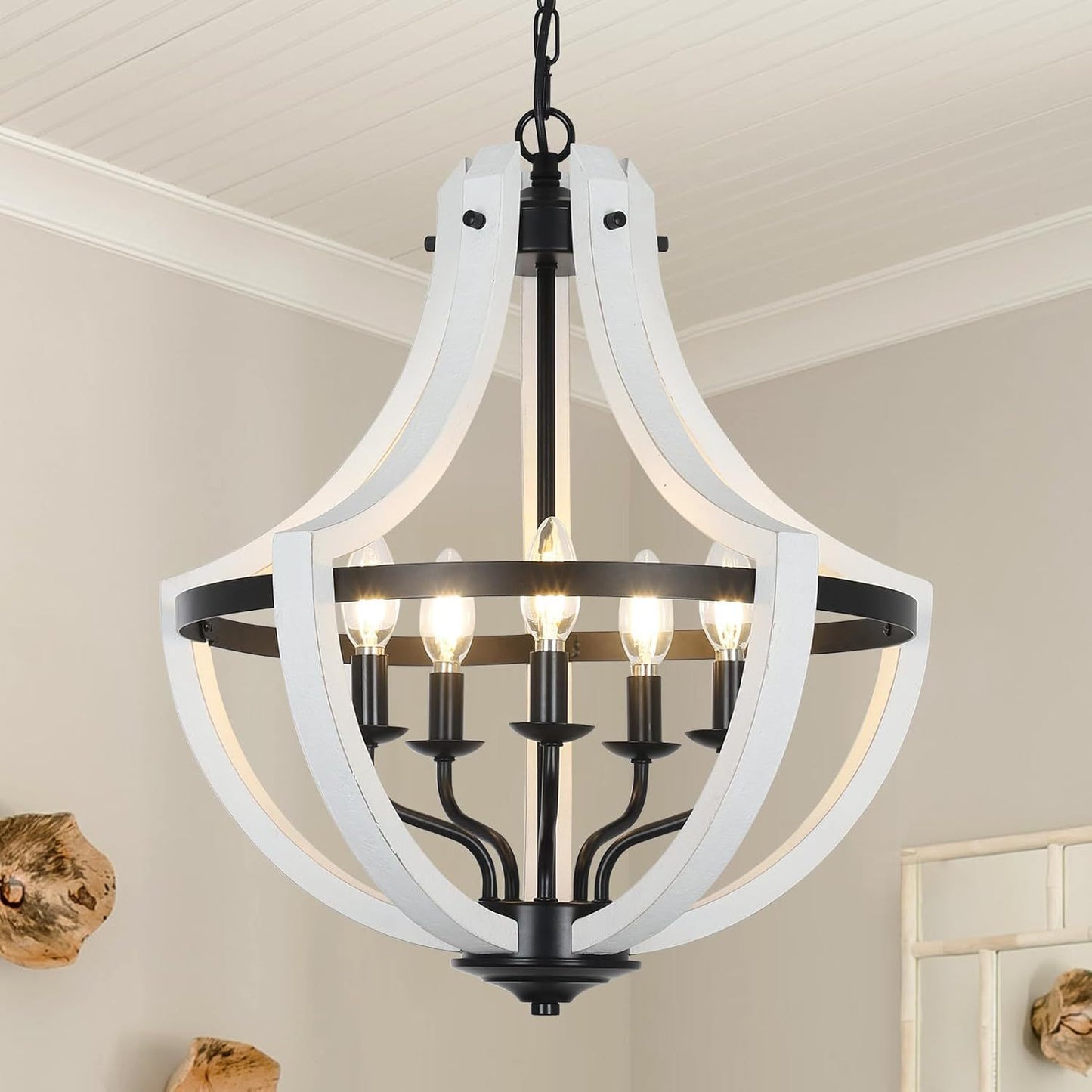 5-Light White Wood Chandeliers
