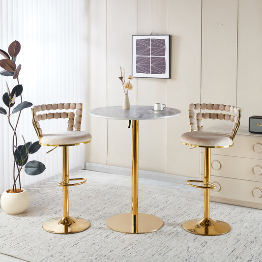 Modern Gold Bar Table Set with 2 Adjustable Bar Stools, Round Marble-Patterned Pub Table for Home Bar & Kitchen