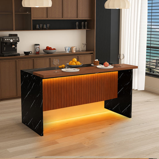 63' Modern Kitchen Island with Marble-Look Surface, LED Lights & Grille Design for Dining Room, Living Room, Black(Island Only)