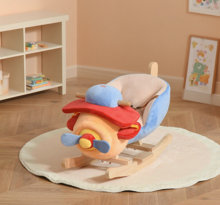 Kids Rocking Horse, Wooden Plush Ride-on Plane Chair Toy