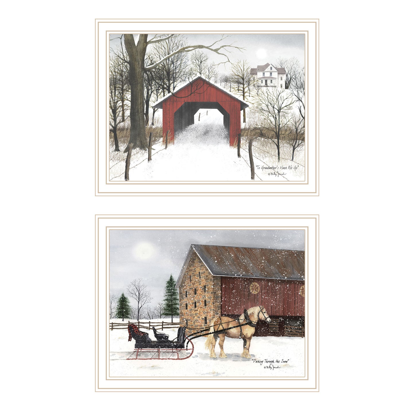 Trendy Decor 4U 2- Piece Vignette Sleigh Ride to Grandma's White Framed Wall Art for Living Room, Bedroom Wall Art Print for Home Decor by Billy Jacobs