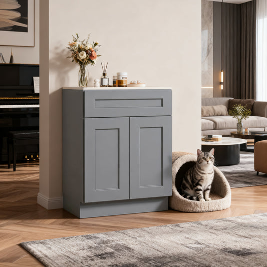 Dark Gray Shaker Solid Wood Double Doors Base Cabinet,for Kitchen, Laundry,and Bathroom Storage Adjustable Shelves Ready to Assemble (27' Wx34.5 Hx24 D)