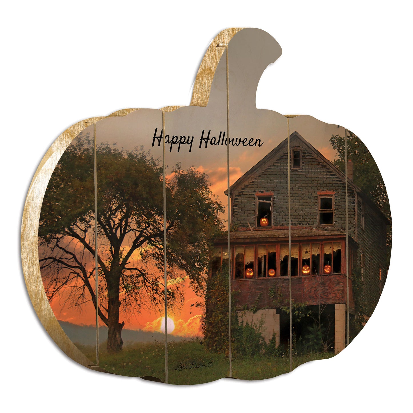 'Happy Halloween' By Artisan Lori Deiter Printed on Wooden Pumpkin Wall Art