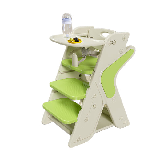 Multi-Functional Growing Up Dining Chair, Adjustable Height Toddler Tower with Five-Point Seat Belts and Movable Dinner Plate, Green HDPE