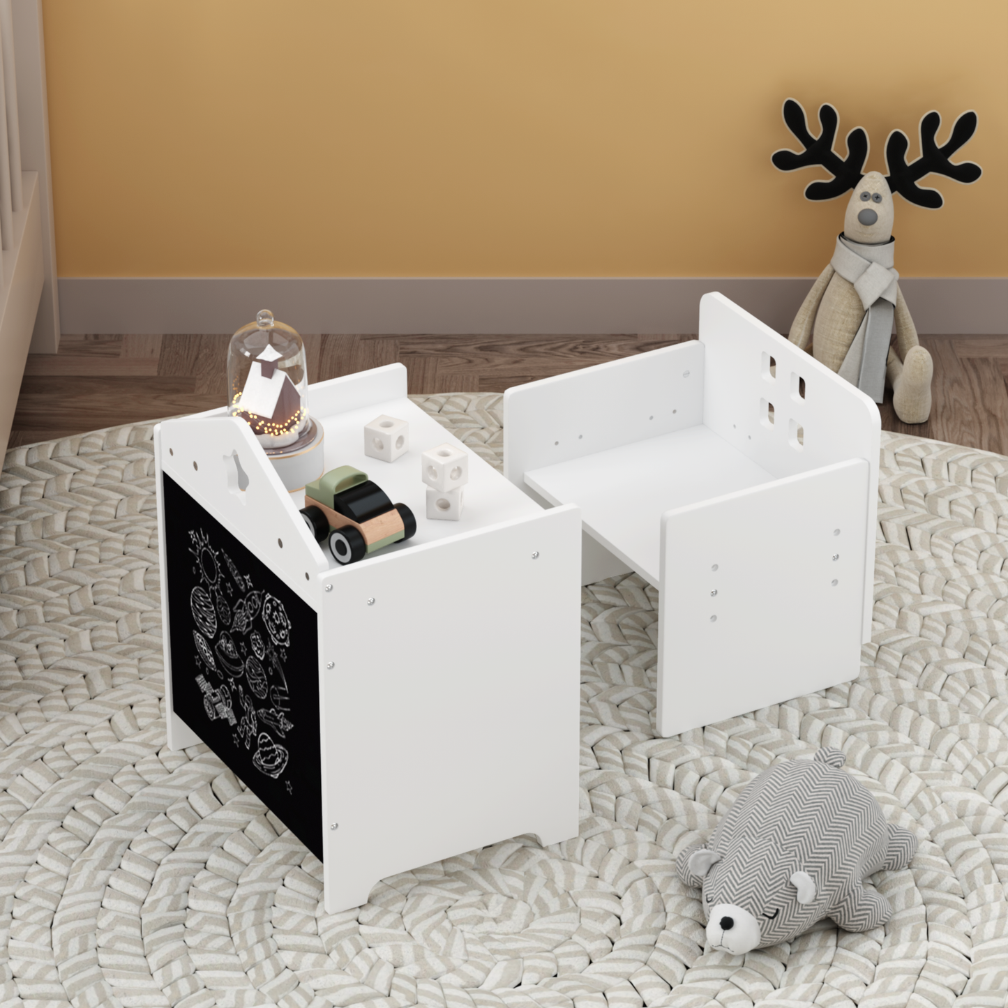 Kids Montessori Weaning Table and Chair Set, Wooden Toddler Table and Chair Set Kids Activity Table Step Stools with Blackboard & 3 Heights Adjustable, 1-3 Age Kids Funiture for Eating Drawing Reading